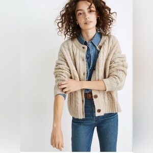 Madewell Tan Chunky Cable Knit Cardigan in Heather Powder Wool Blend Size XS